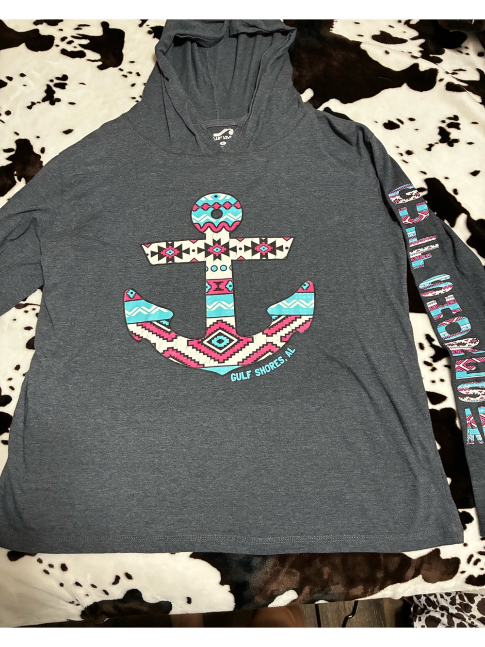 Gulf Shores AL Gray Crewneck Hoodie with Pink and Teal Anchor Graphic